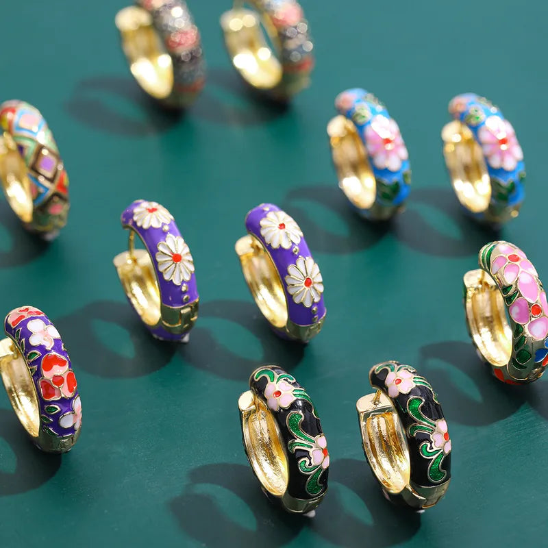 Flower Pattern Enamel Hoop Earrings – Alloy Plating Stylish Design
