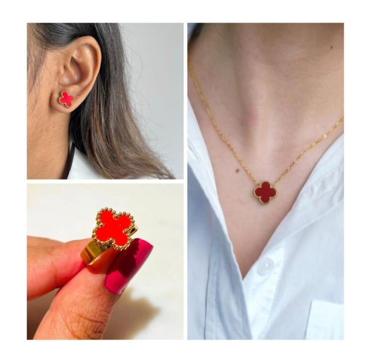 22K Gold Electroplated 3-in-1 Clover Jewellery Set | 18 Inch Adjustable Chain + Earrings + Ring | Anti-Tarnish Waterproof Stainless Steel | Red, Black, White