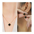22K Gold Electroplated 3-in-1 Clover Jewellery Set | 18 Inch Adjustable Chain + Earrings + Ring | Anti-Tarnish Waterproof Stainless Steel | Red, Black, White