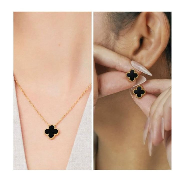 22K Gold Electroplated 3-in-1 Clover Jewellery Set | 18 Inch Adjustable Chain + Earrings + Ring | Anti-Tarnish Waterproof Stainless Steel | Red & Black