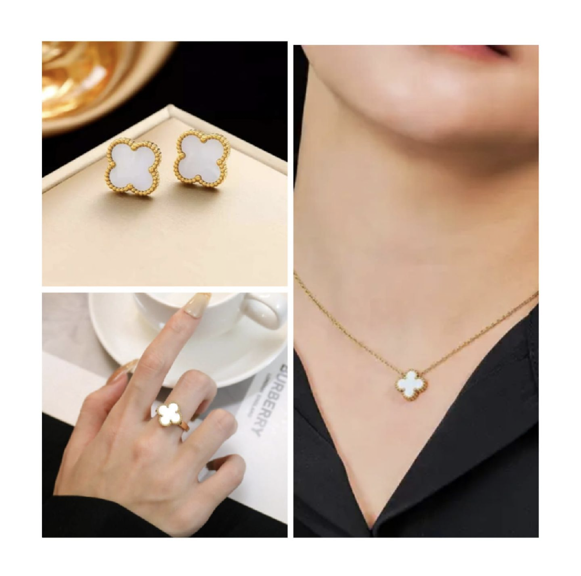 22K Gold Electroplated 3-in-1 Clover Jewellery Set | 18 Inch Adjustable Chain + Earrings + Ring | Anti-Tarnish Waterproof Stainless Steel | Red, Black, White