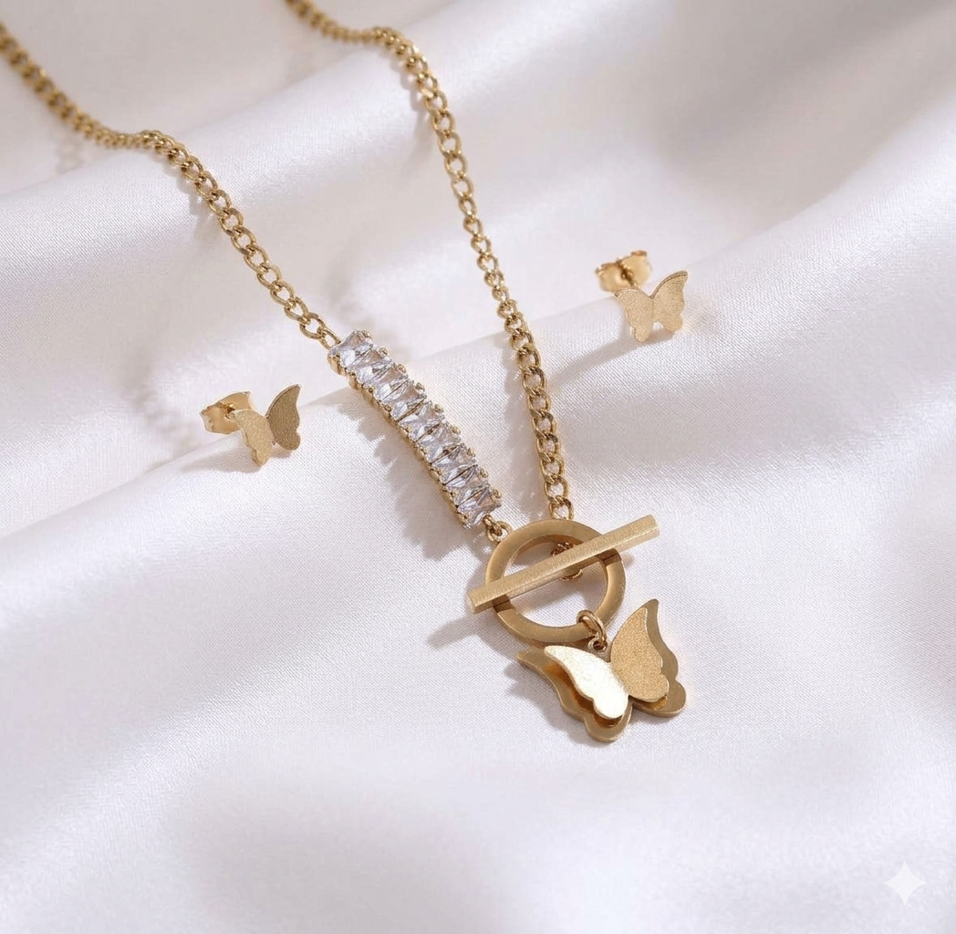22K Gold-Plated Stainless Steel Butterfly Jewelry Set – Anti-Tarnish Necklace & Earrings