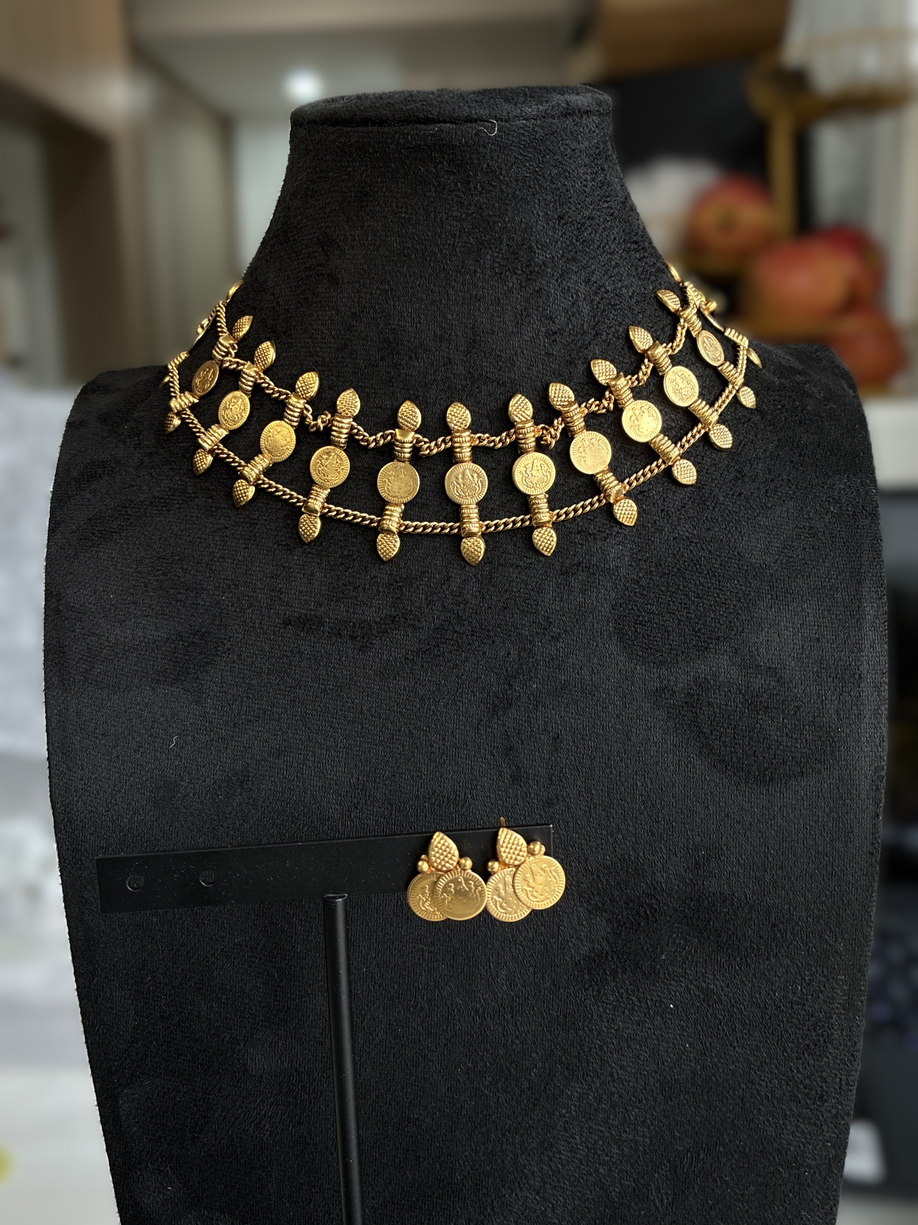 Devi Coin Choker Necklace & Earrings Set – Gold Plated Traditional Indian Jewellery