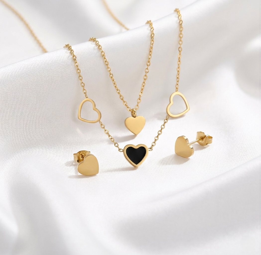 22K Gold Plated Triple Heart Chain & Earring Combo Set | Anti-Tarnish Waterproof Stainless Steel Necklace | 18 Inch Adjustable | Electroplated Jewellery