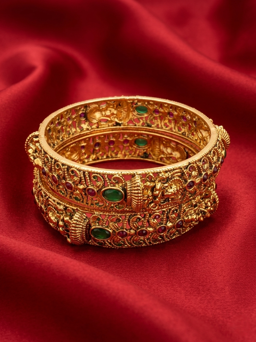 Lakshmi Temple Bangle with Red & Green Stones - Set of 2