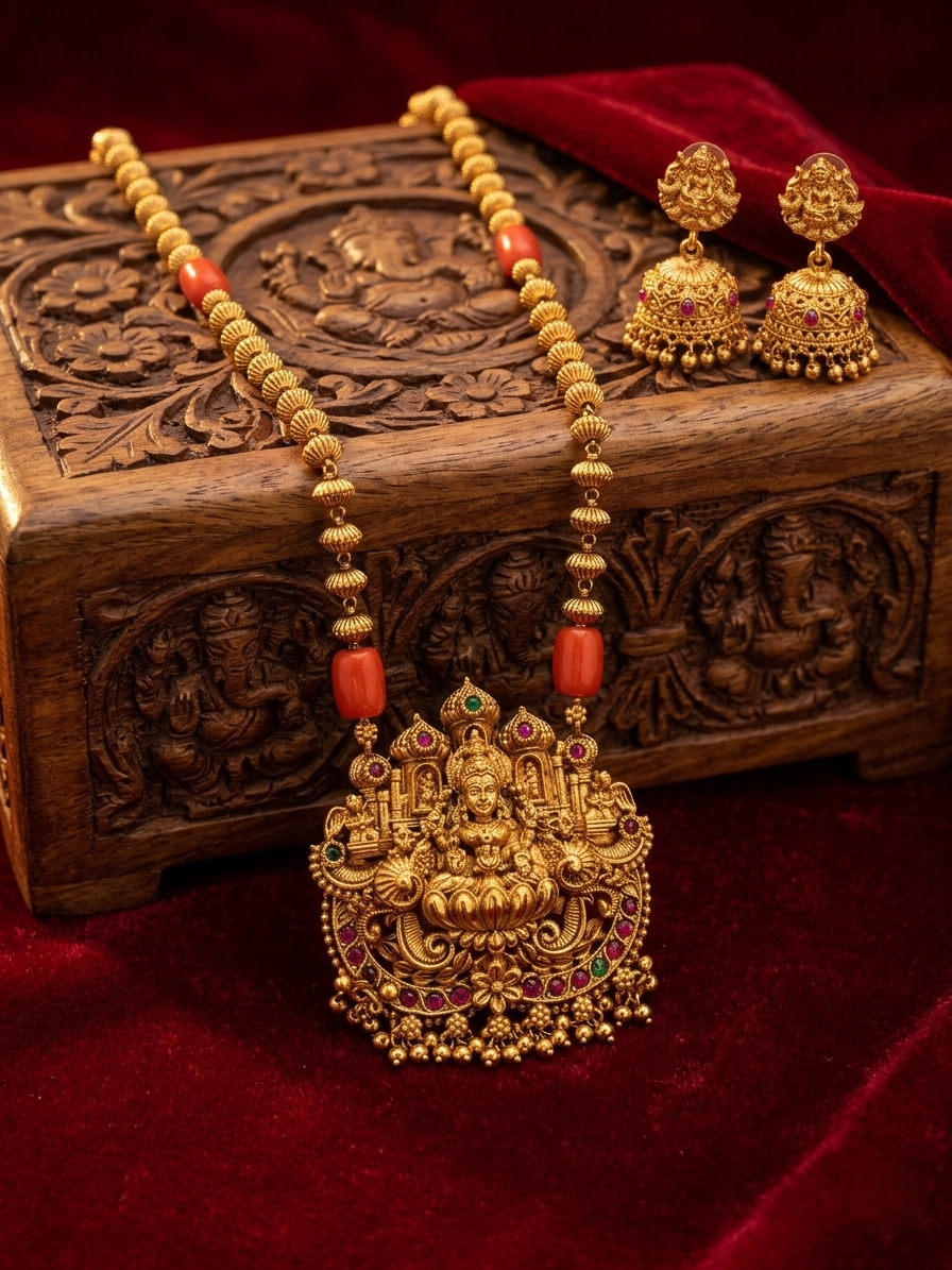 Lakshmi Pendant Gundu Mala – Traditional Temple Style Necklace