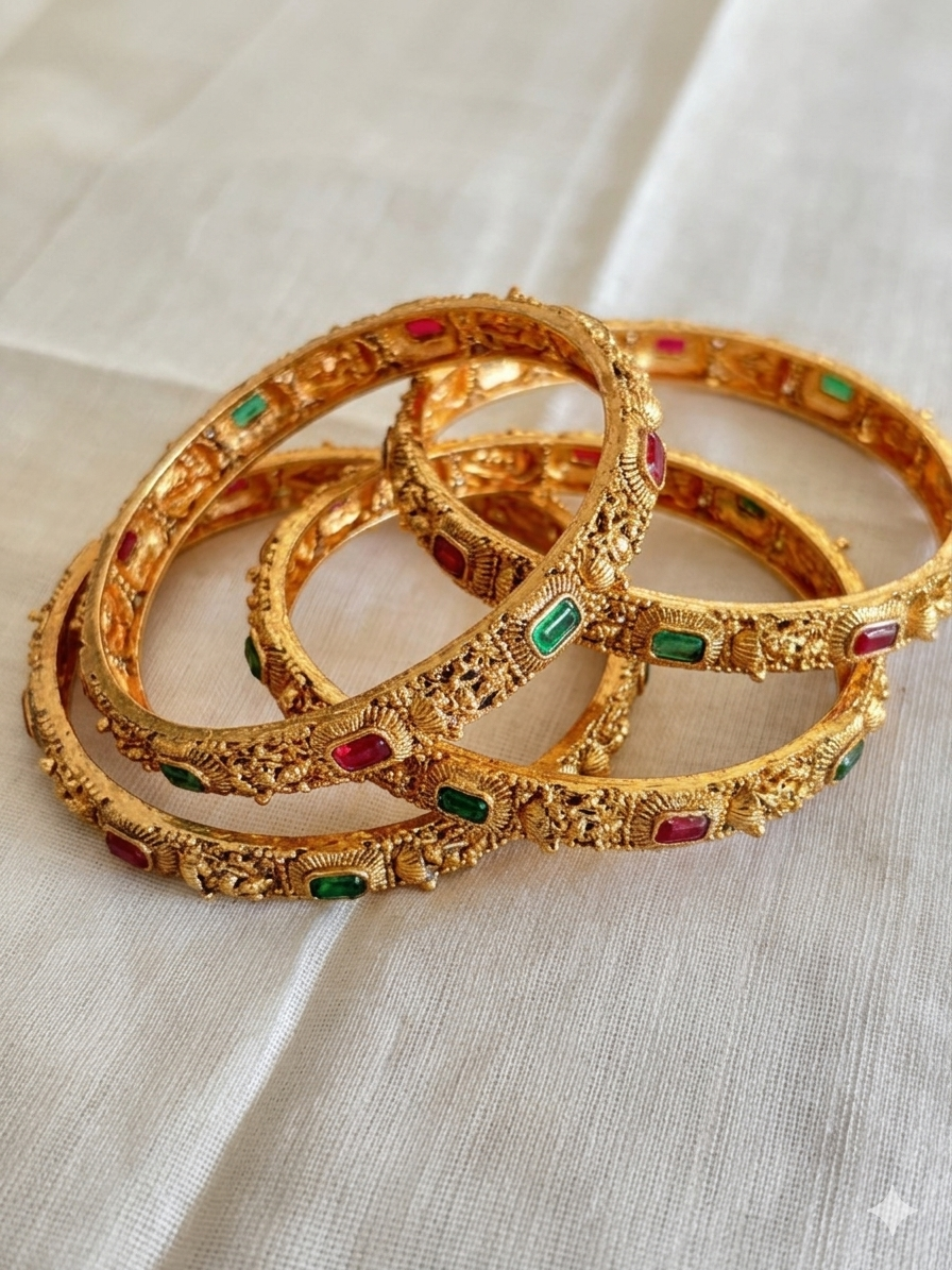 Lakshmi Heritage Red & Green Stone Bangle – Traditional Temple Jewelry (Size 2.4) Set of 2