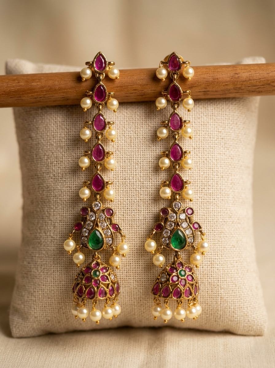 Long Stone Jhumka Earrings - Model-04