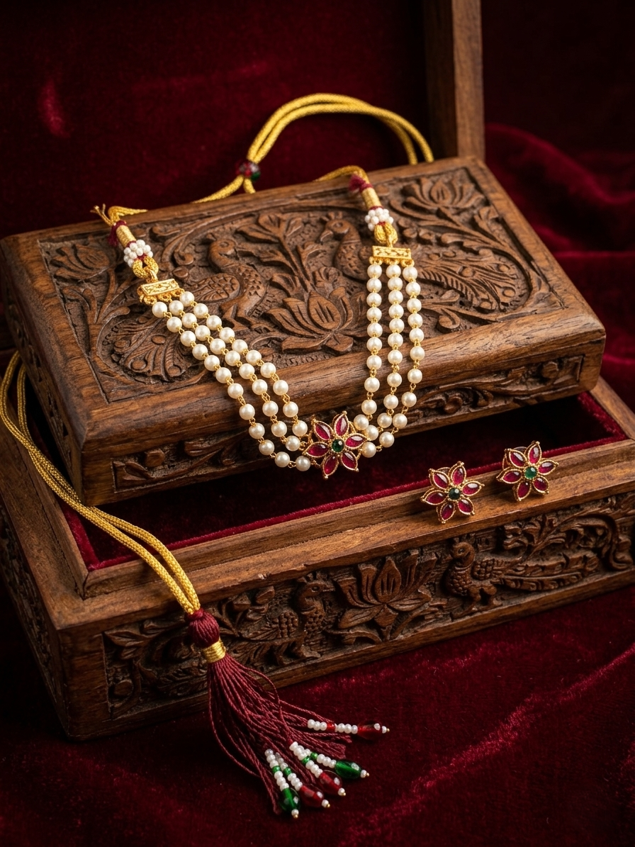 Meenakari Triple Layer Necklace – Traditional Temple Jewelry