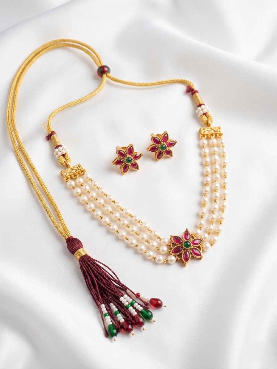 Meenakari Triple Layer Necklace – Traditional Temple Jewelry