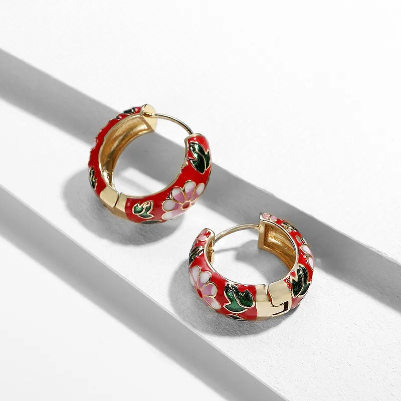 Flower Pattern Enamel Hoop Earrings – Alloy Plating Stylish Design