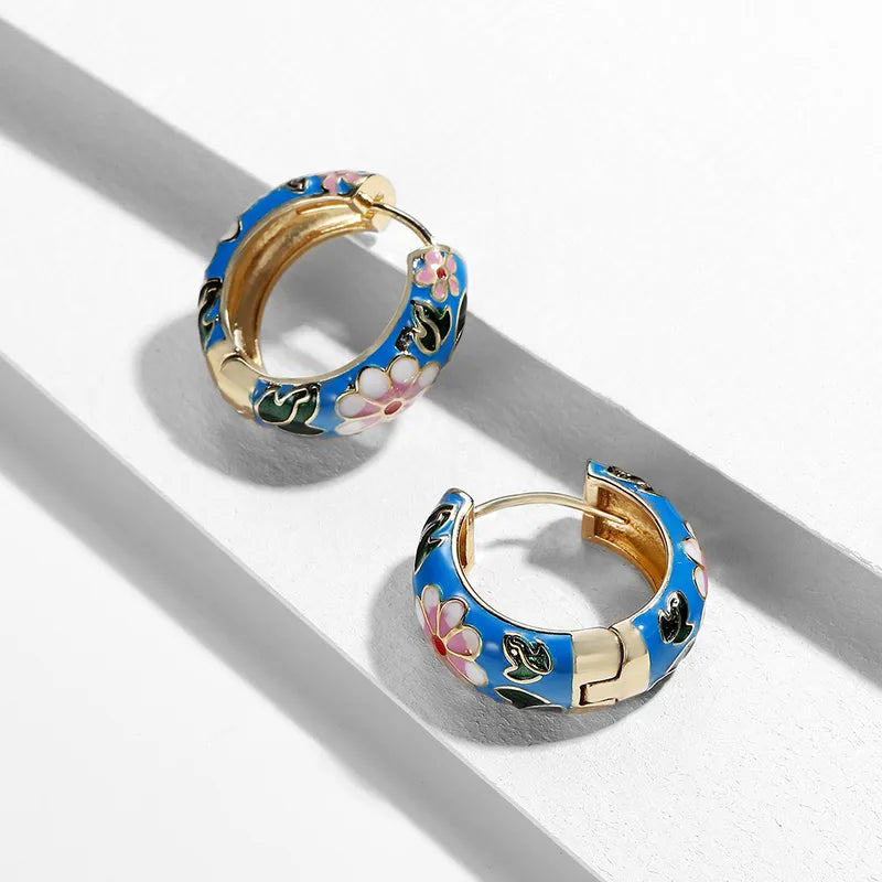 Flower Pattern Enamel Hoop Earrings – Alloy Plating Stylish Design