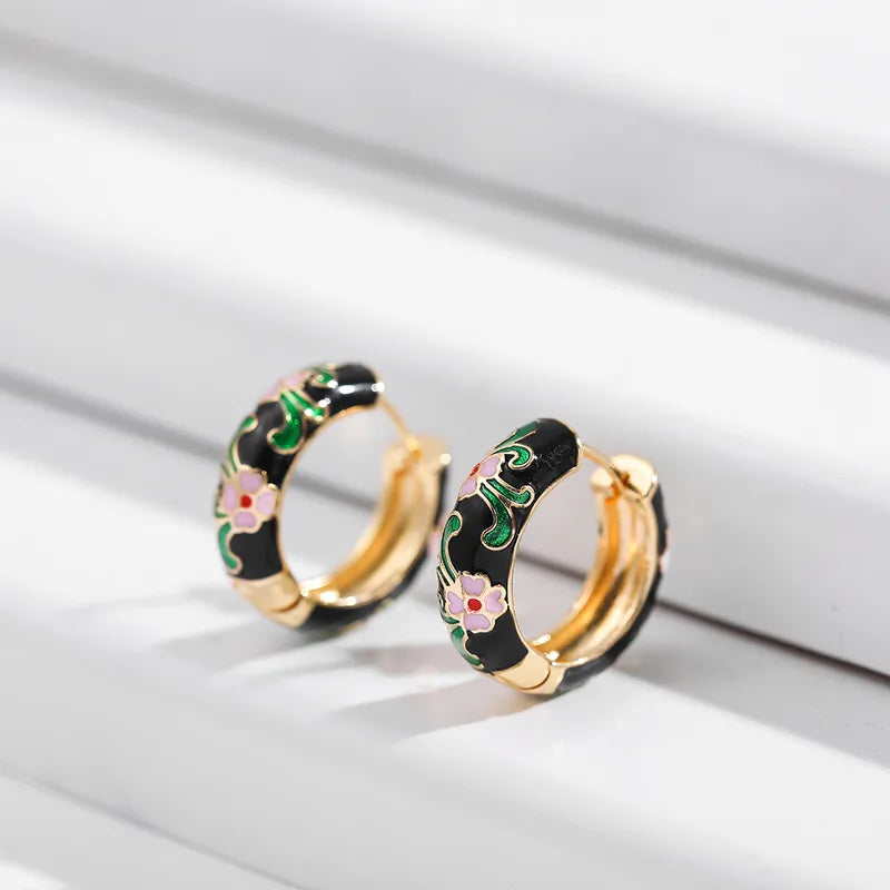 Flower Pattern Enamel Hoop Earrings – Alloy Plating Stylish Design
