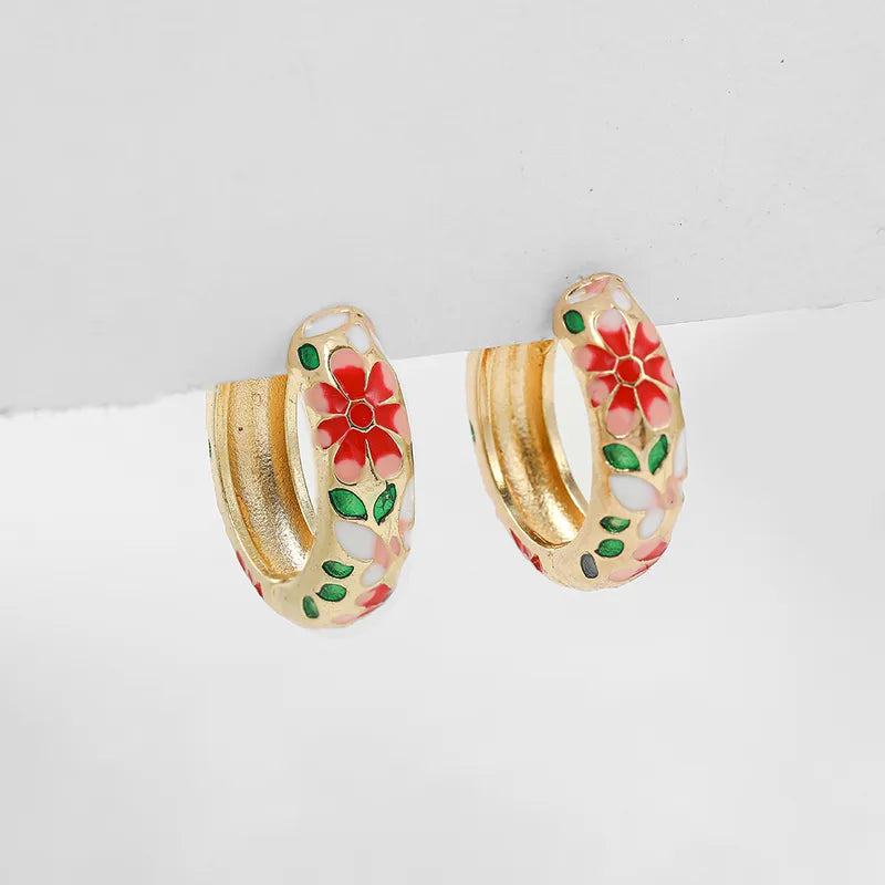 Flower Pattern Enamel Hoop Earrings – Alloy Plating Stylish Design