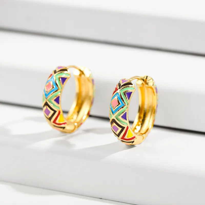 Flower Pattern Enamel Hoop Earrings – Alloy Plating Stylish Design