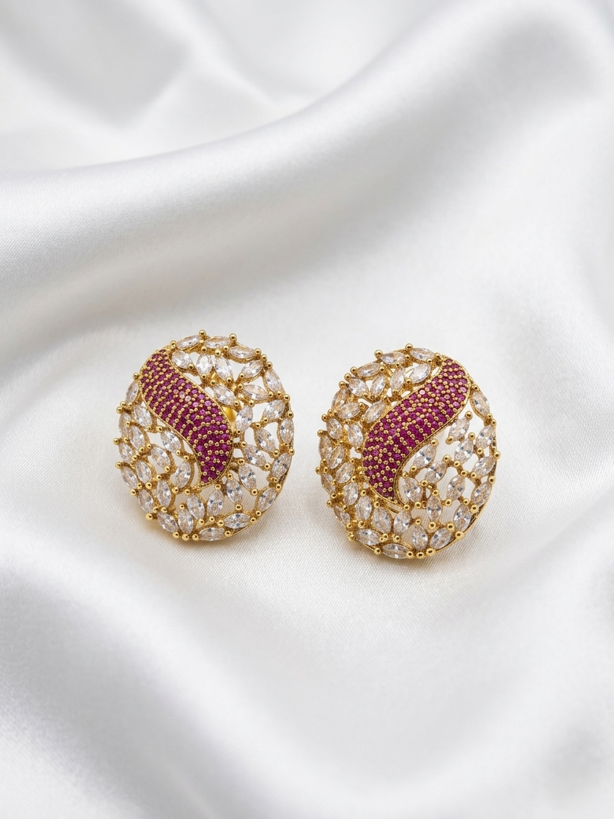 Traditional Oval Earrings with Red and White Stones – Ethnic Jewelry