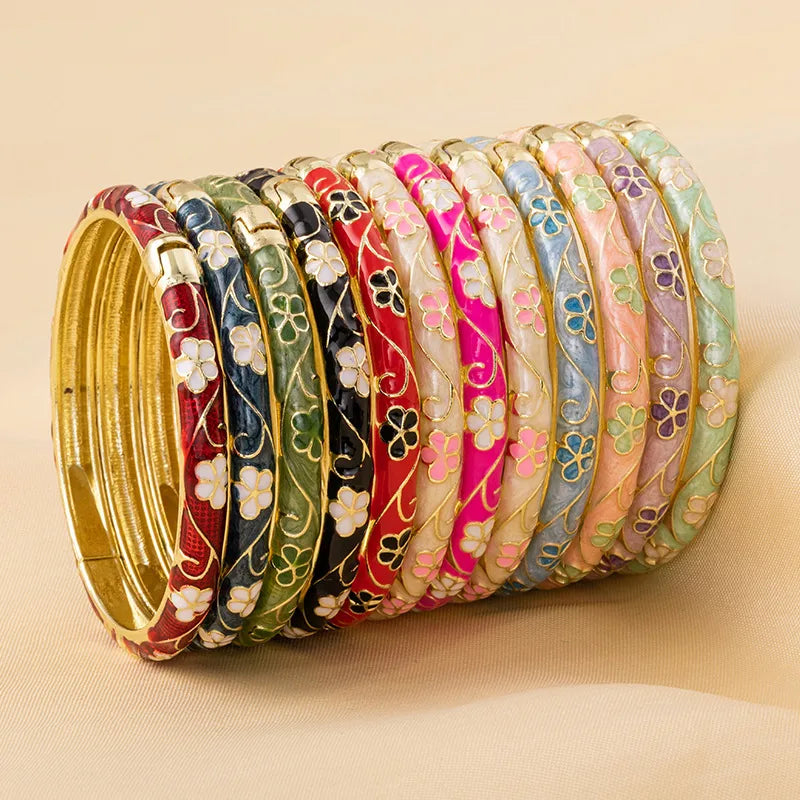 Pastoral Pink Enamel Flower Bangle – Elegant Floral Metal Bangles