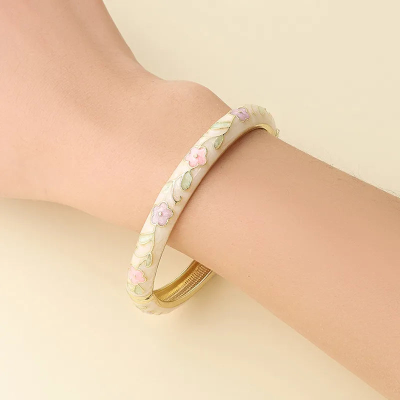 Pastoral White Enamel Flower Bangle – Elegant Floral Metal Bangle - 2.2 inch