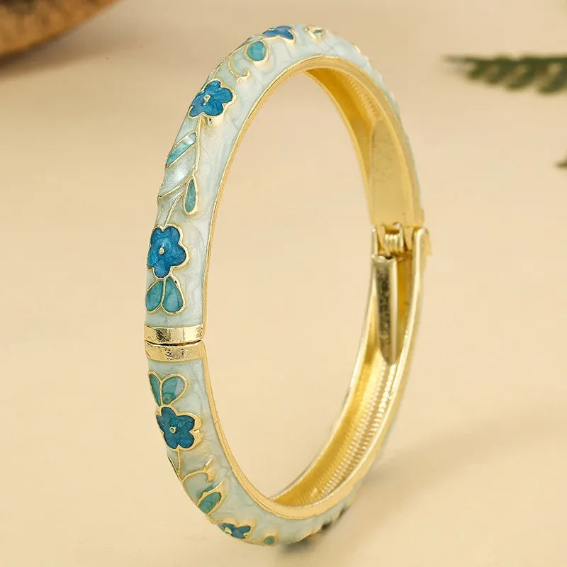 Pastoral White Enamel Flower Bangle – Elegant Floral Metal Bangle - 2.2 inch