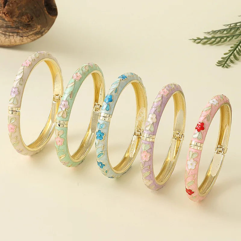 Pastoral White Enamel Flower Bangle – Elegant Floral Metal Bangle - 2.2 inch