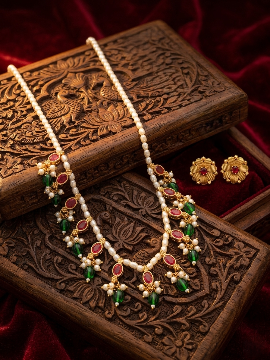 Pearl Necklace with Red & Green Stones – Traditional Ethnic Jewelry