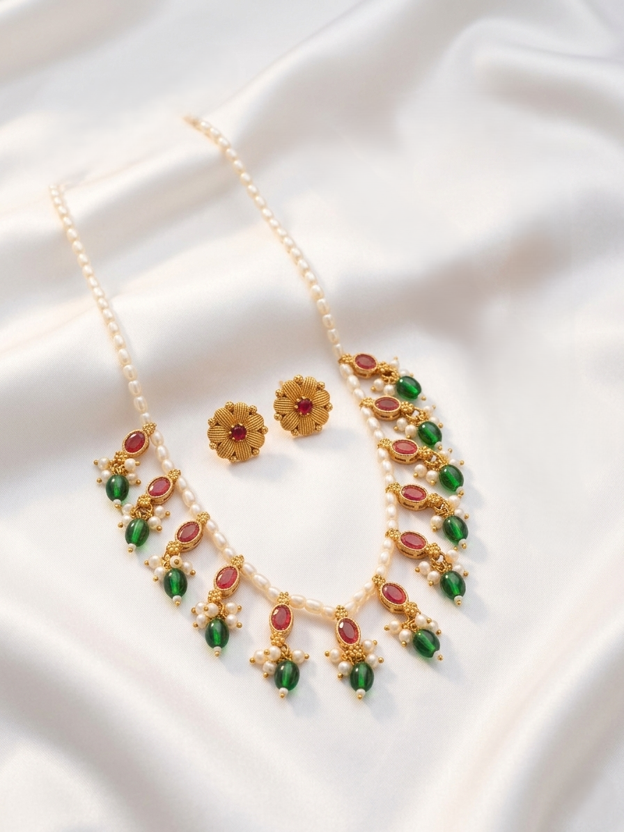Pearl Necklace with Red & Green Stones – Traditional Ethnic Jewelry