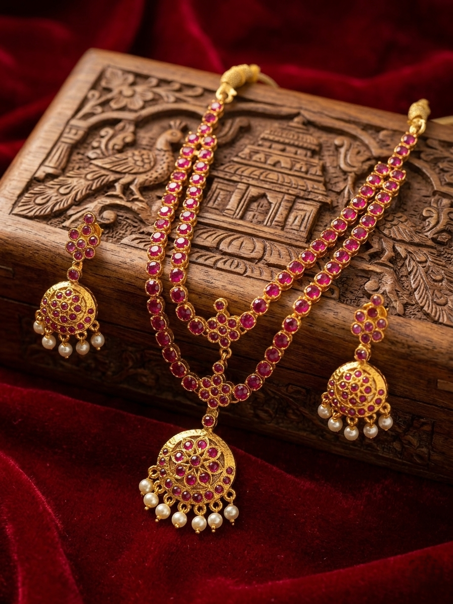 Ruby Pink 2 Layer Stone Necklace – Traditional Ethnic Statement Jewelry