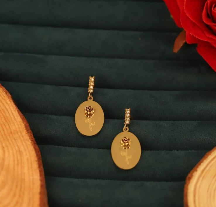 22k Gold-Plated Hanging Earrings – Oval Design with Rose Flower