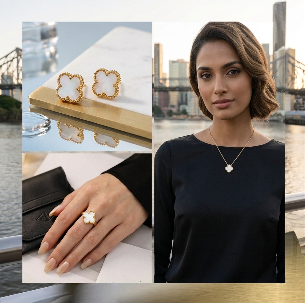 22K Gold Electroplated 3-in-1 Clover Jewellery Set | 18 Inch Adjustable Chain + Earrings + Ring | Anti-Tarnish Waterproof Stainless Steel | Red, Black, White