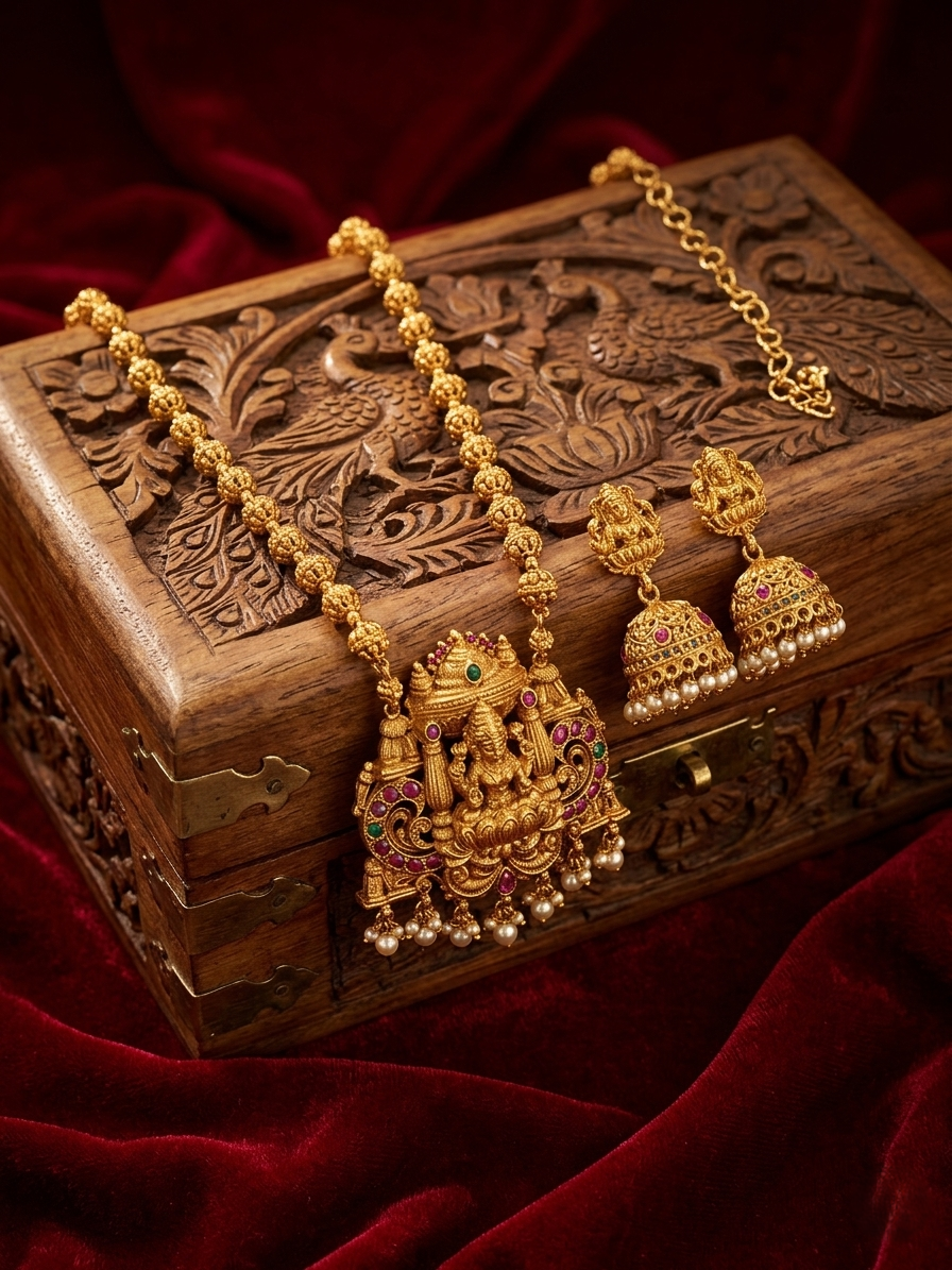 Kanakadhara Necklace and Earrings Set – Traditional Temple Jewelry