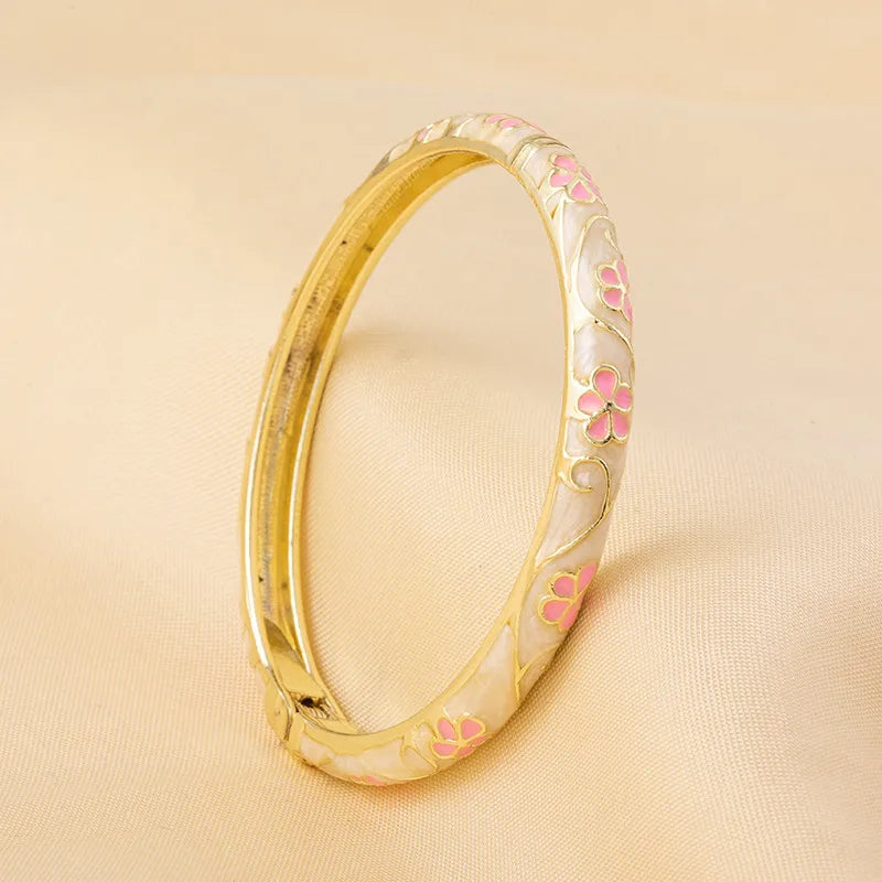 Pastoral Pink Enamel Flower Bangle – Elegant Floral Metal Bangles