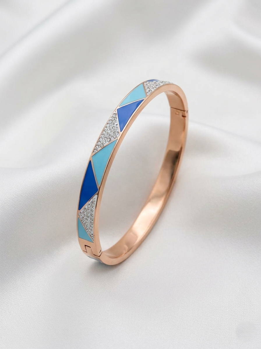 Stainless Steel Geometric Bangle Bracelet – Blue & Crystal Inlay, Anti-Tarnish