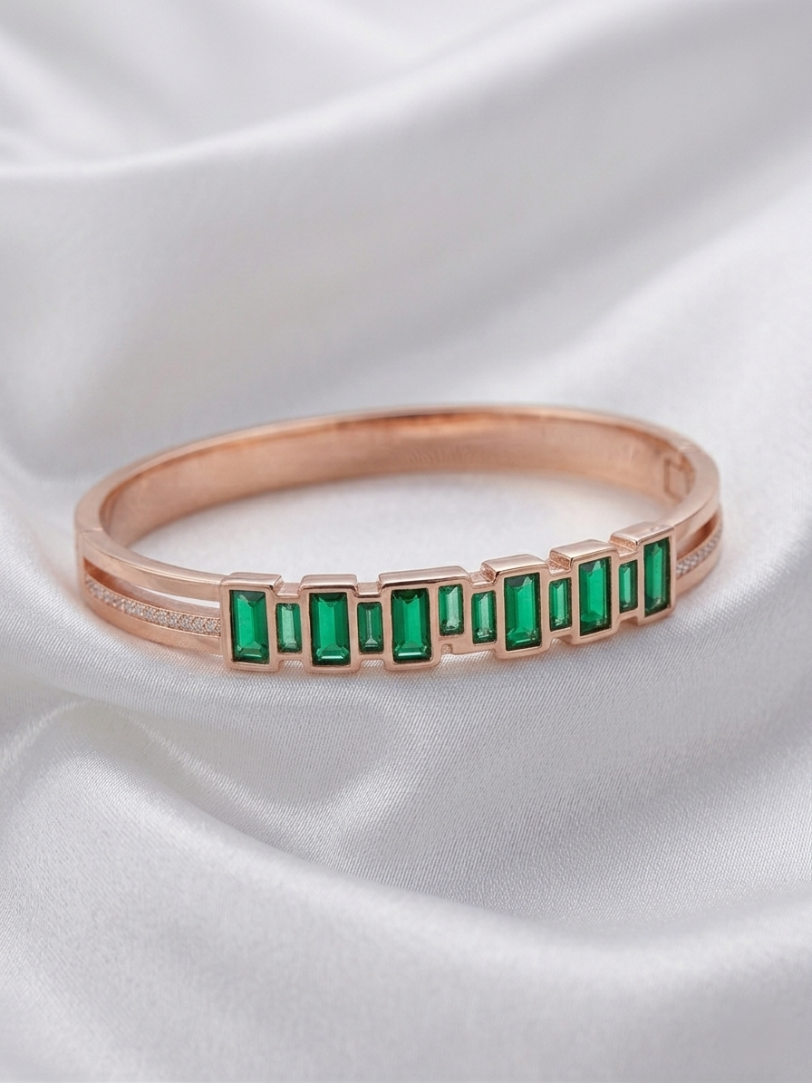 Stainless Steel Bangle Bracelet with Emerald-Cut Green Stones – Anti-Tarnish
