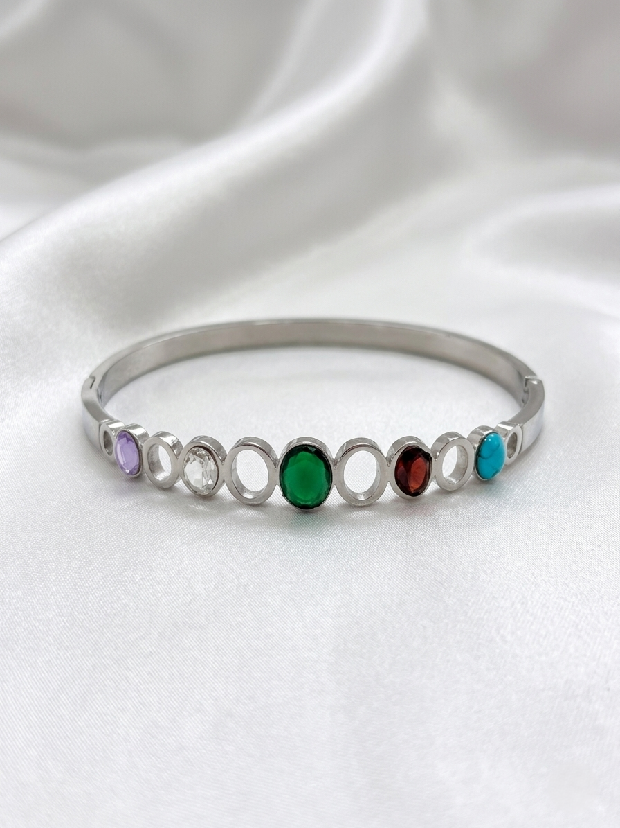 Stainless Steel Multi-Stone Open Bangle Bracelet – Anti-Tarnish & Elegant Design