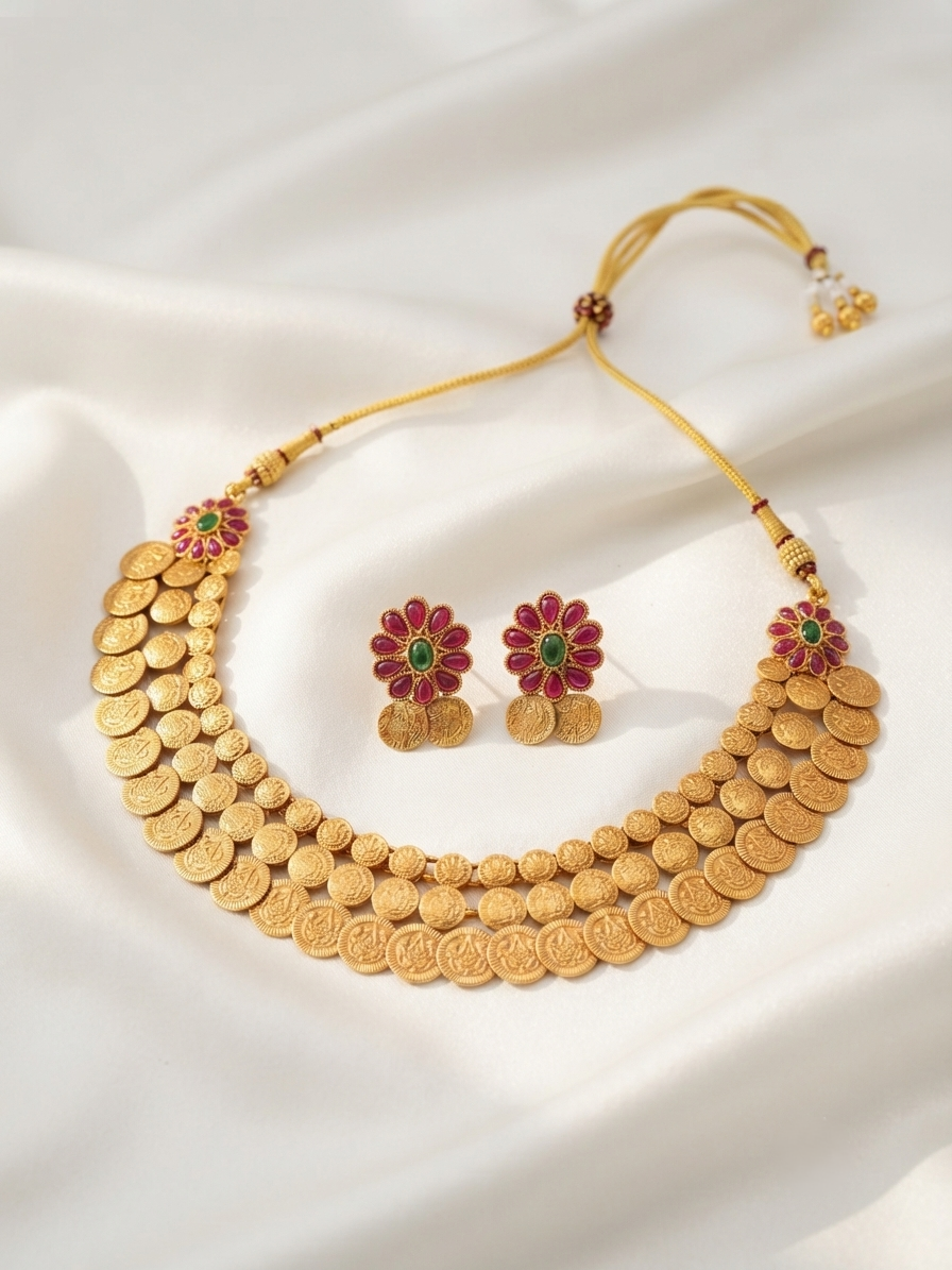 Three Layer Kasu Necklace – Traditional South Indian Temple Coin Jewelry