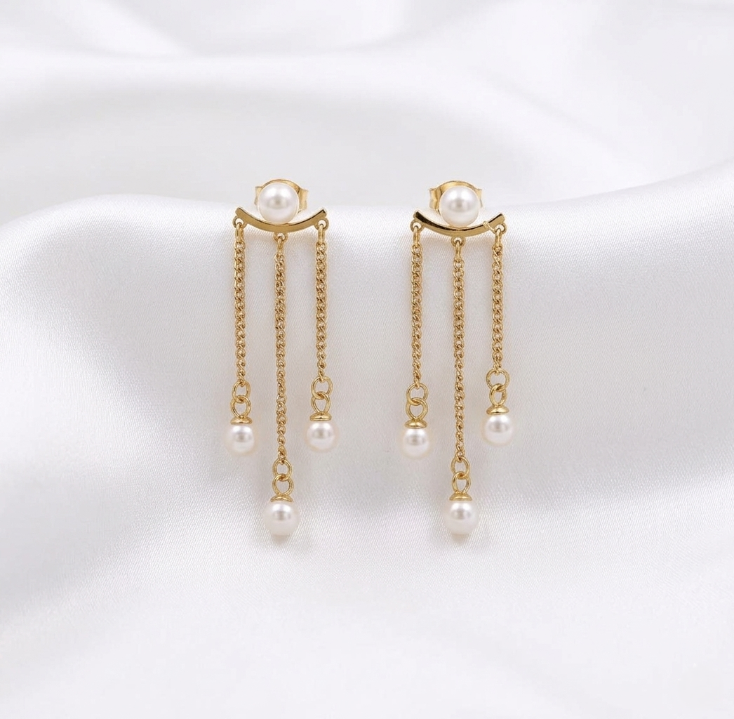 Triple Hanging Pearl Earrings – Elegant Anti Tarnish Statement Jewelry