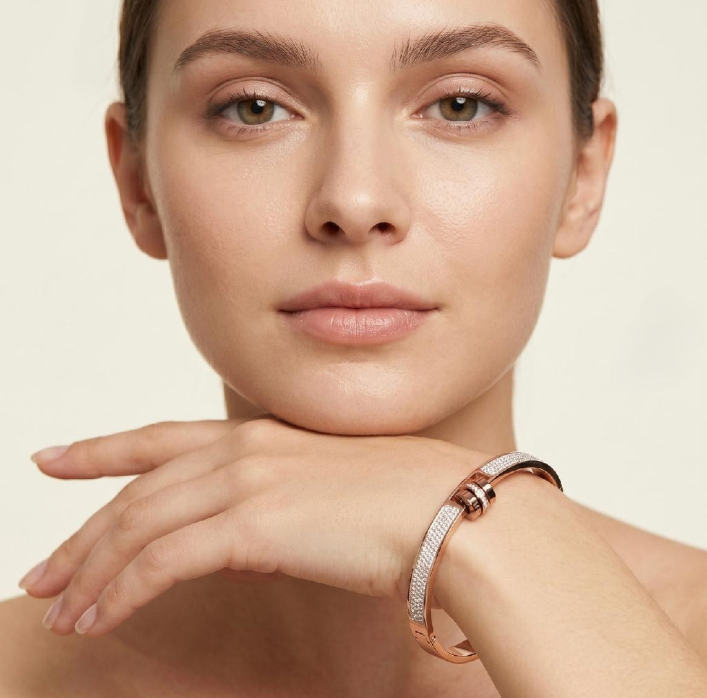 Twin Beat White Stone Bangle – Anti Tarnish Stainless Steel Jewelry